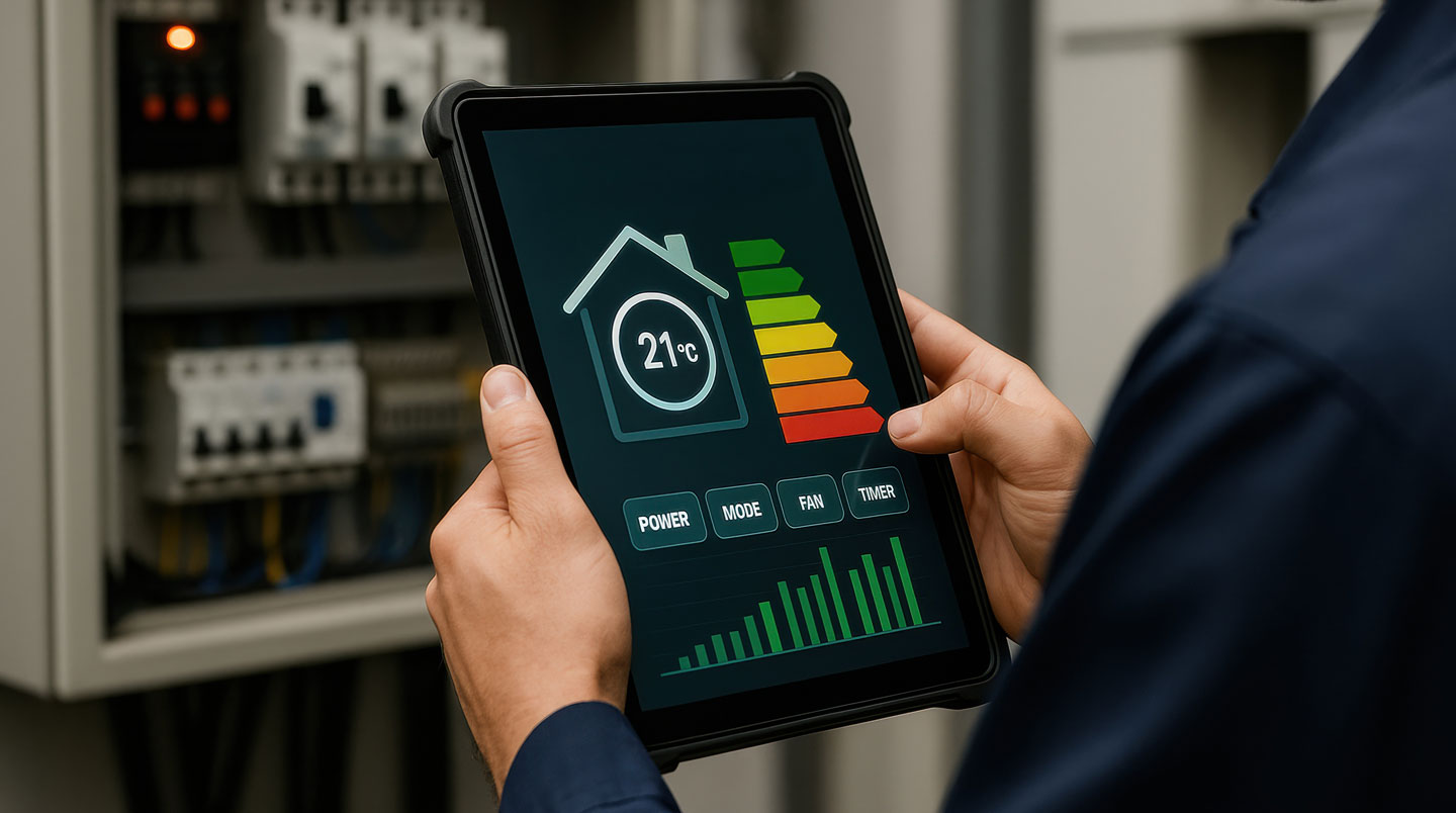 Interface logiciel de calcul thermique avec trois sections : données d'entrée des instruments de mesure, moteur de calcul et scénarios de rénovation énergétique