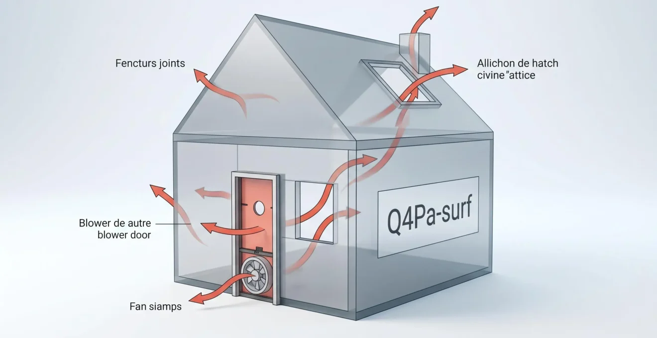 Illustration 3D d'une maison géométrique avec porte soufflante blower door et flèches rouges montrant les fuites d'air aux jonctions et ouvertures