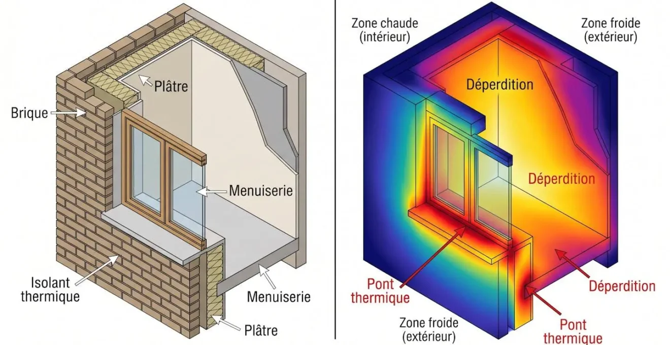 Illustration en coupe isométrique d'un mur avec fenêtre : vue normale à gauche et vue thermographique à droite révélant les ponts thermiques en dégradé de couleurs
