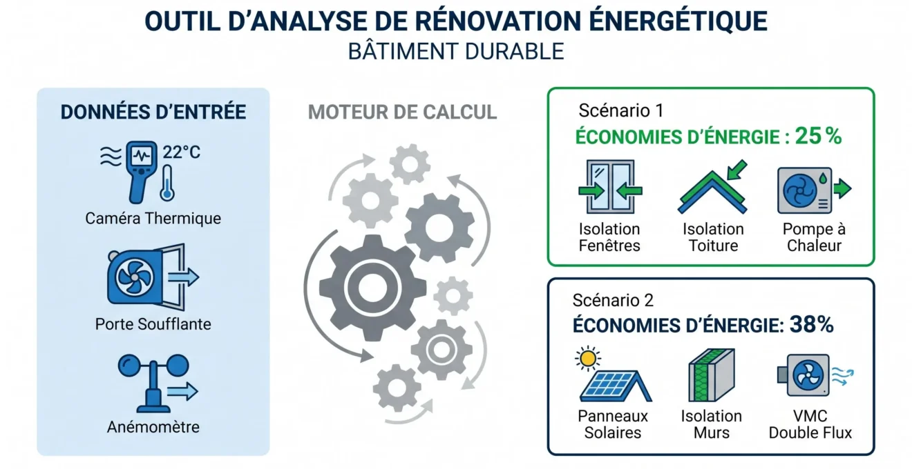 Interface logiciel de calcul thermique avec trois sections : données d'entrée des instruments de mesure, moteur de calcul et scénarios de rénovation énergétique